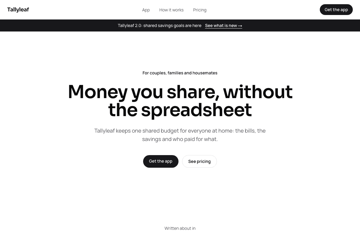 The home page of the Tallyleaf template