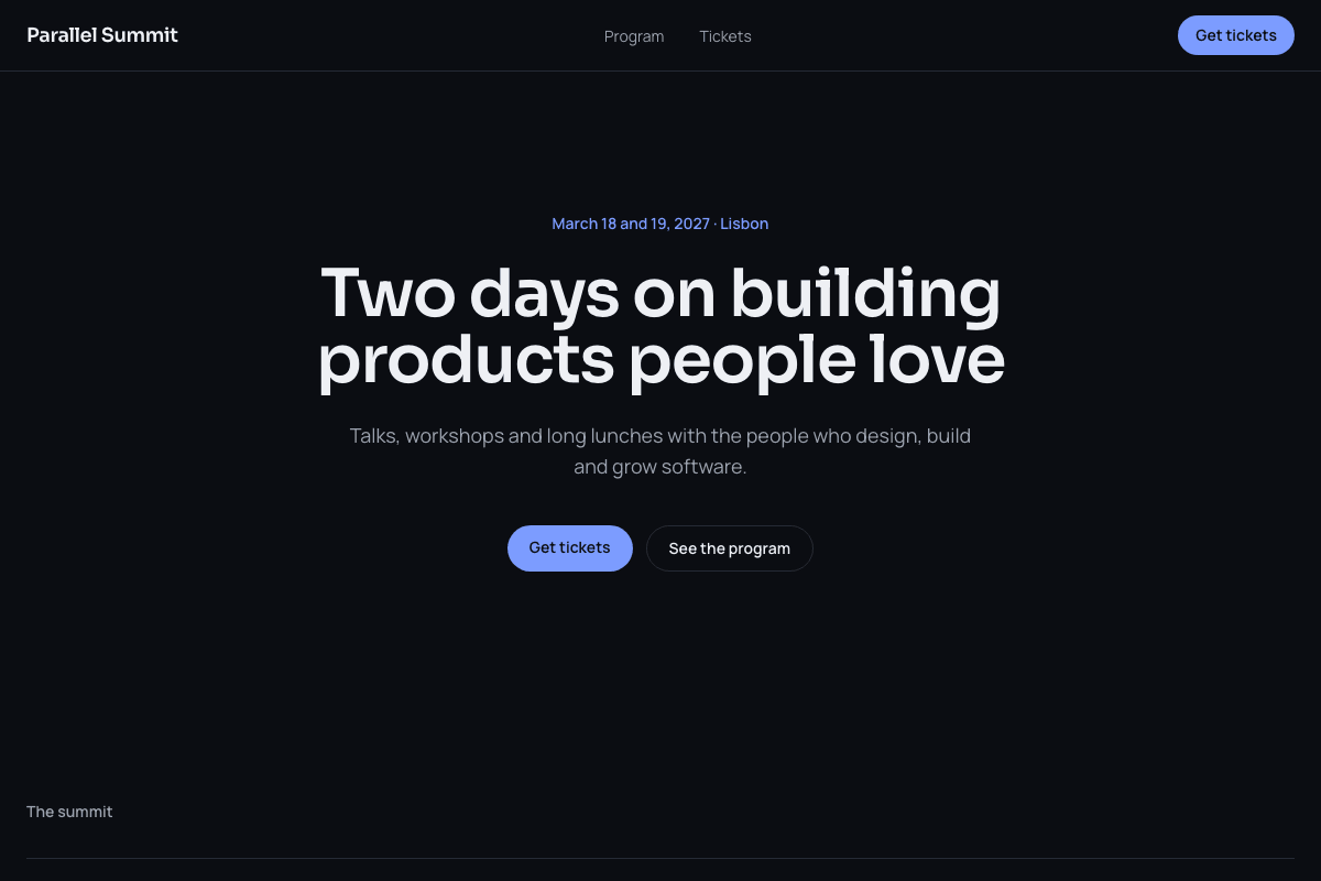 The home page of the Parallel Summit template