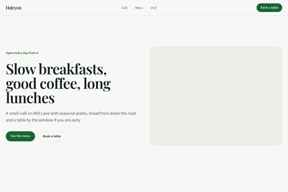 The home page of the Halcyon Café template